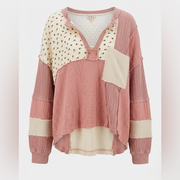 NWT POL Oversized Quilted Patchwork Top in Dusty Pink Size Large - Picture 3 of 4